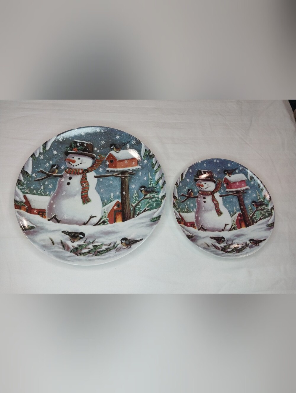 2 Christmas Snowman China plates